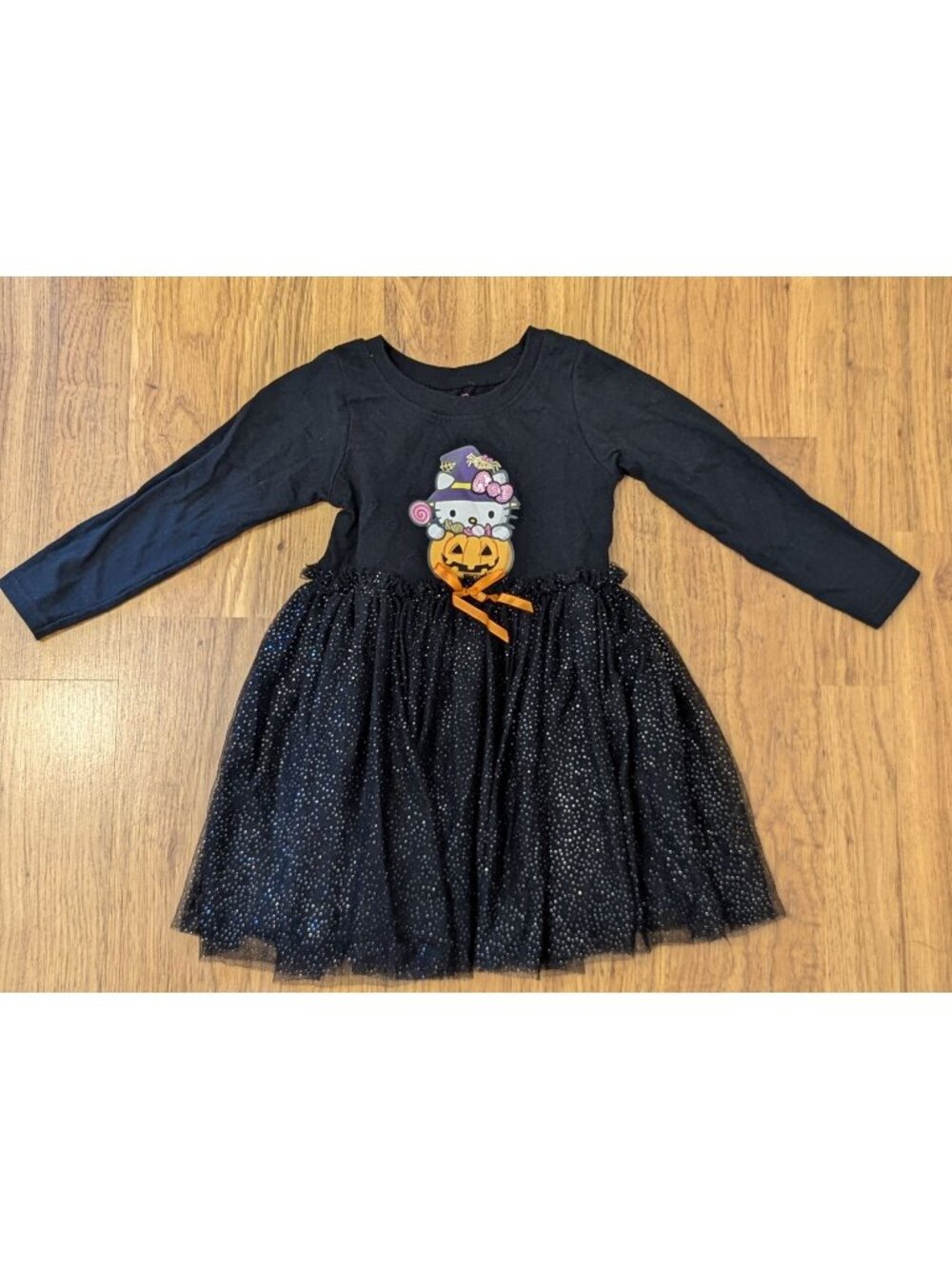 Hello Kitty Halloween Dress 3T By Sanrio Black Long Sleeve Pumpkin Glitter Tulle